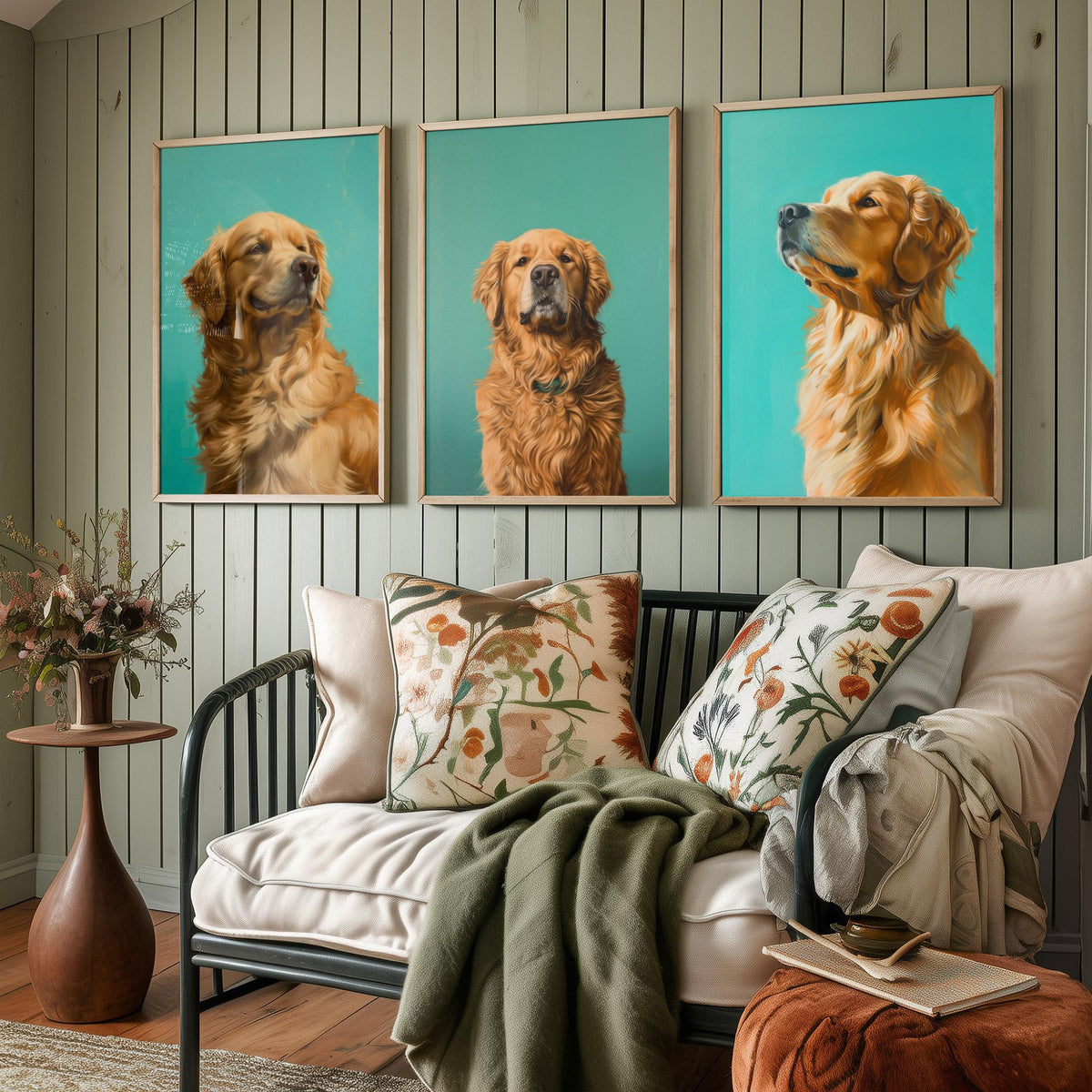 Golden Retriever Set of Three Art Prints - 3 Dog Portrait Posters - Aqua Blue Painting Wall Art Gift Pet Lover Animal Decor
