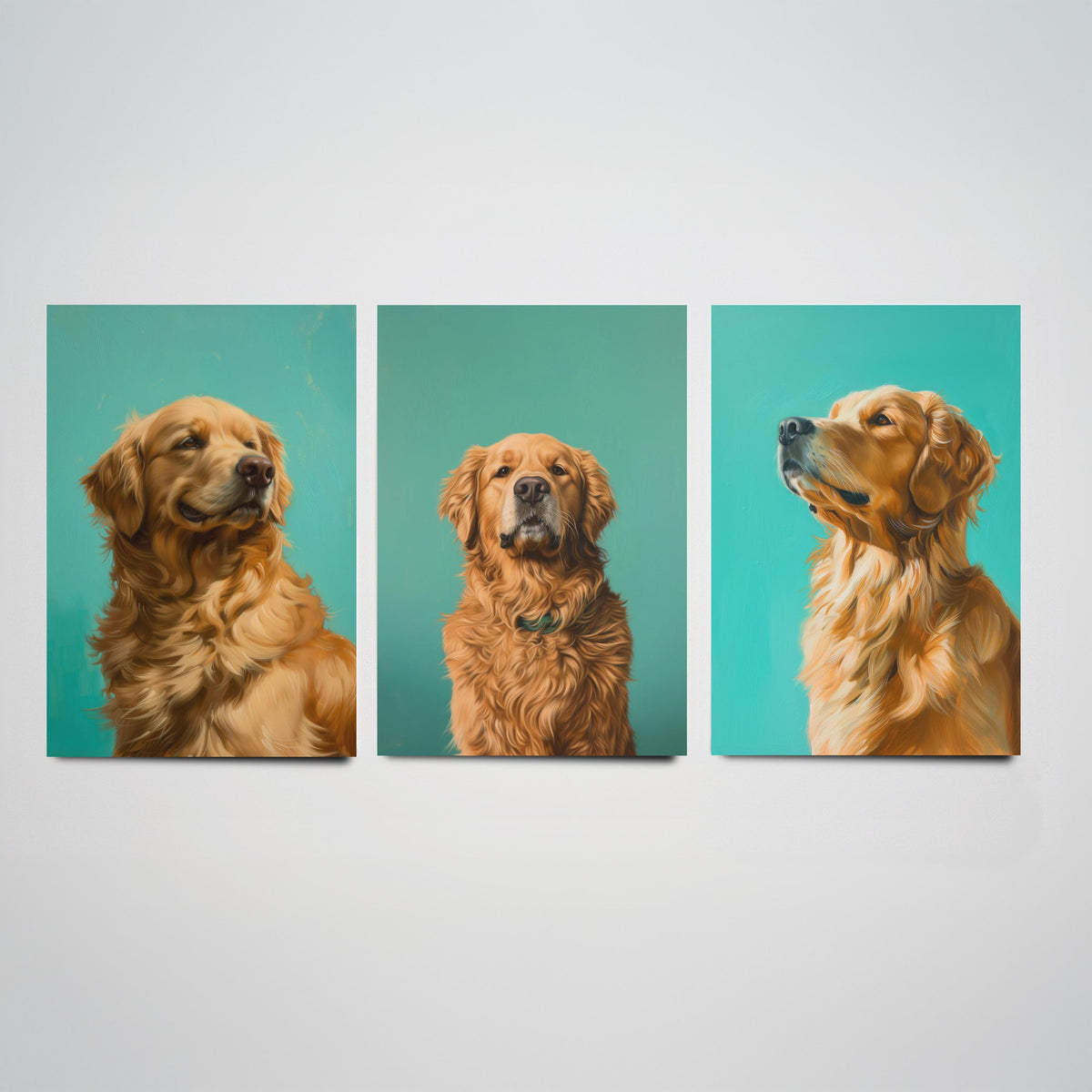 Golden Retriever Set of Three Art Prints - 3 Dog Portrait Posters - Aqua Blue Painting Wall Art Gift Pet Lover Animal Decor