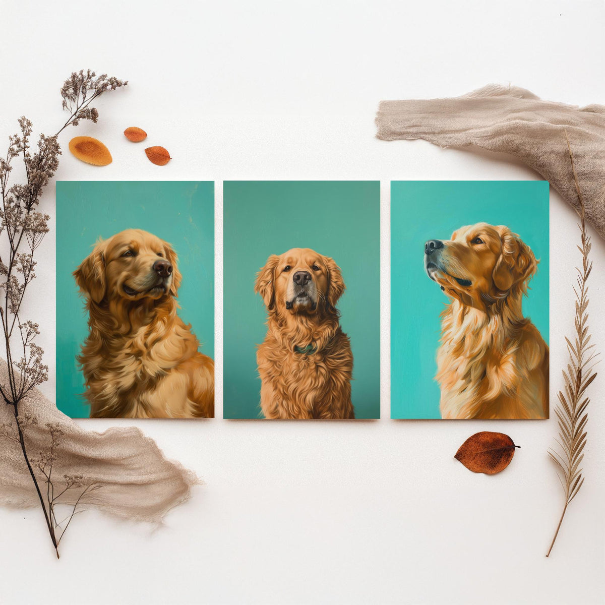 Golden Retriever Set of Three Art Prints - 3 Dog Portrait Posters - Aqua Blue Painting Wall Art Gift Pet Lover Animal Decor