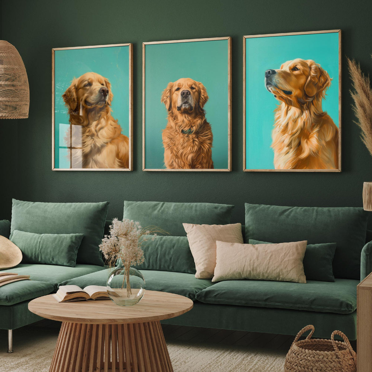 Golden Retriever Set of Three Art Prints - 3 Dog Portrait Posters - Aqua Blue Painting Wall Art Gift Pet Lover Animal Decor