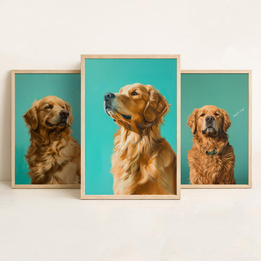 Golden Retriever Set of Three Art Prints - 3 Dog Portrait Posters - Aqua Blue Painting Wall Art Gift Pet Lover Animal Decor