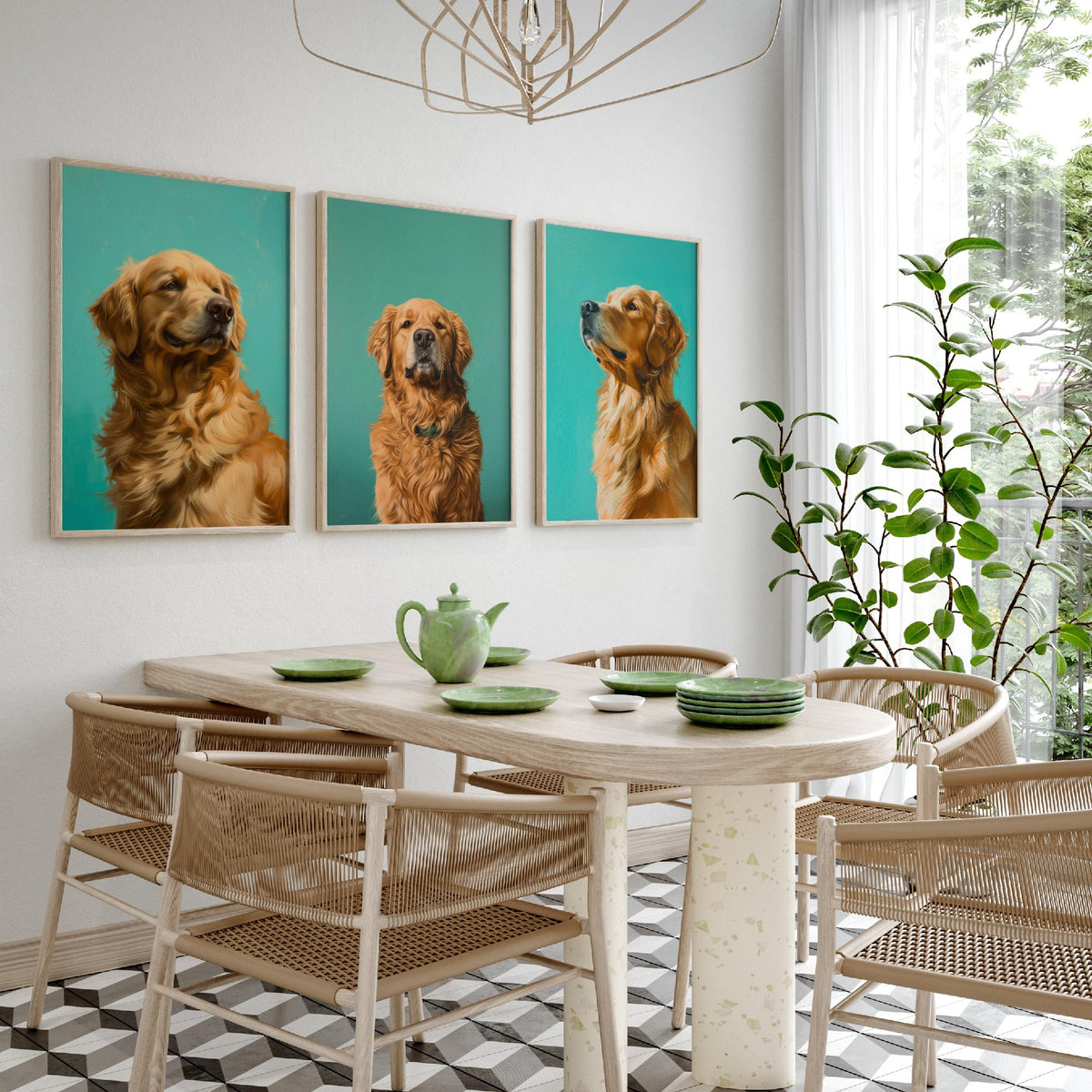 Golden Retriever Set of Three Art Prints - 3 Dog Portrait Posters - Aqua Blue Painting Wall Art Gift Pet Lover Animal Decor