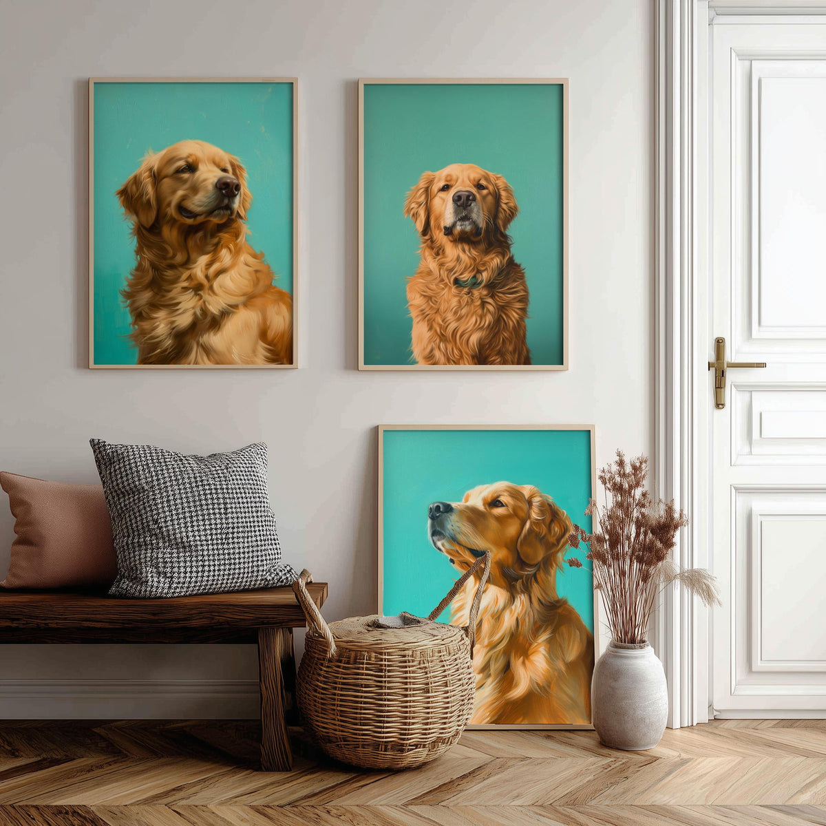 Golden Retriever Set of Three Art Prints - 3 Dog Portrait Posters - Aqua Blue Painting Wall Art Gift Pet Lover Animal Decor