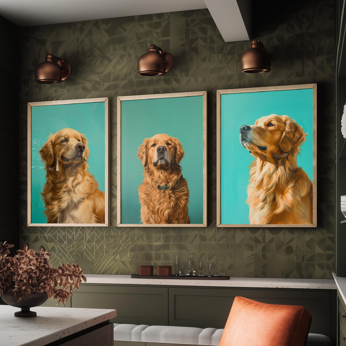 Golden Retriever Set of Three Art Prints - 3 Dog Portrait Posters - Aqua Blue Painting Wall Art Gift Pet Lover Animal Decor