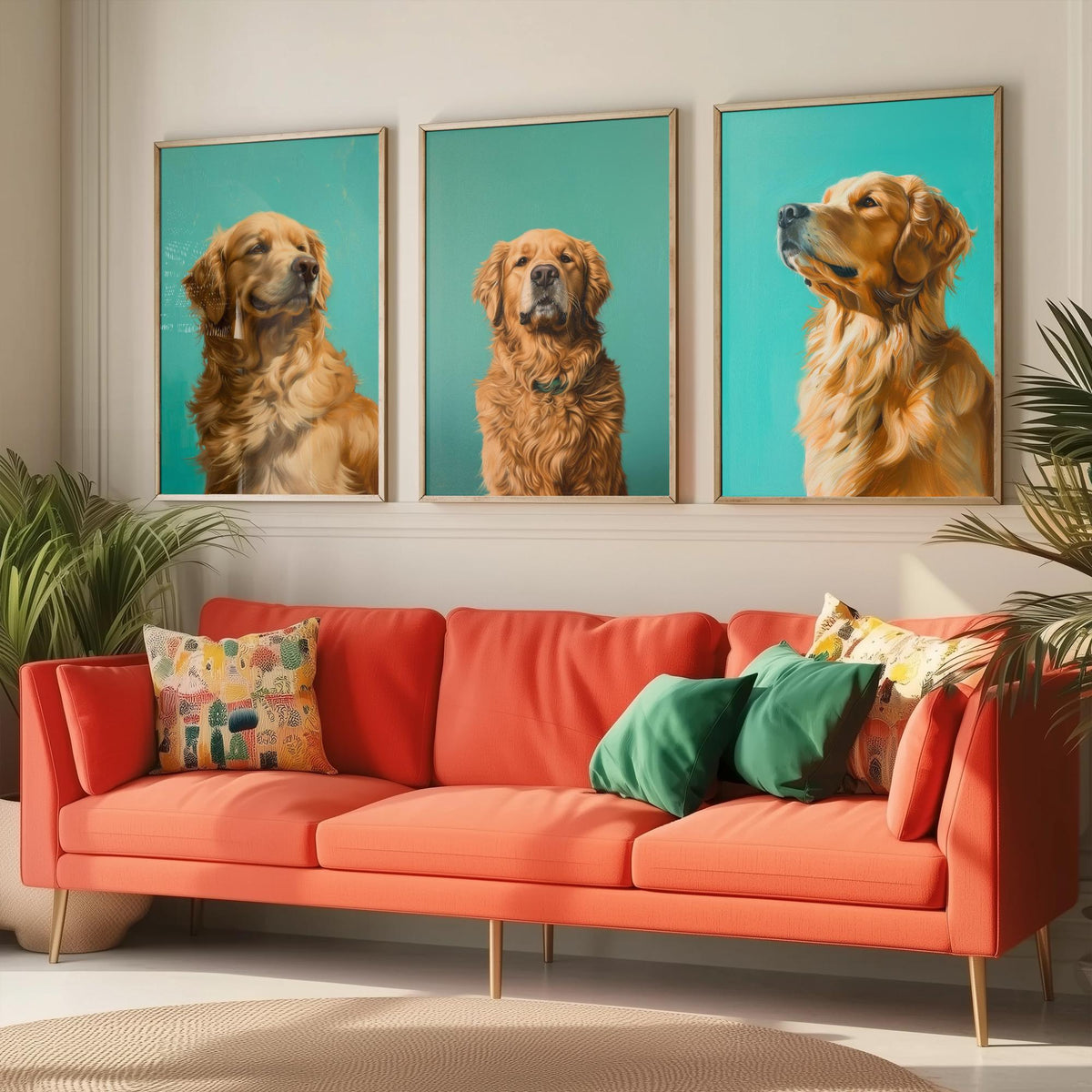 Golden Retriever Set of Three Art Prints - 3 Dog Portrait Posters - Aqua Blue Painting Wall Art Gift Pet Lover Animal Decor