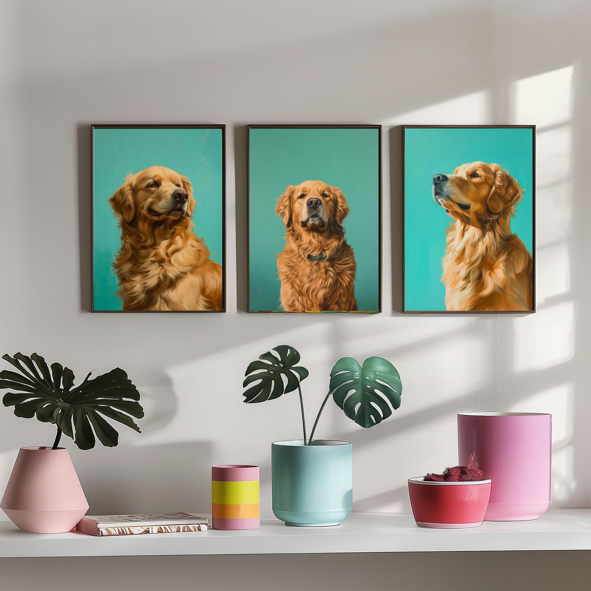 Golden Retriever Set of Three Art Prints - 3 Dog Portrait Posters - Aqua Blue Painting Wall Art Gift Pet Lover Animal Decor