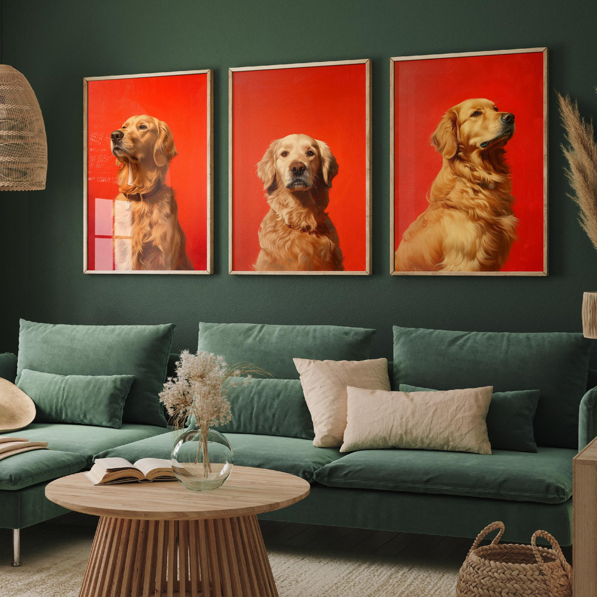 Golden Retriever Set of Three Art Prints - 3 Dog Portrait Posters - Bold Red Painting Wall Art Gift Pet Lover Animal Home Decor