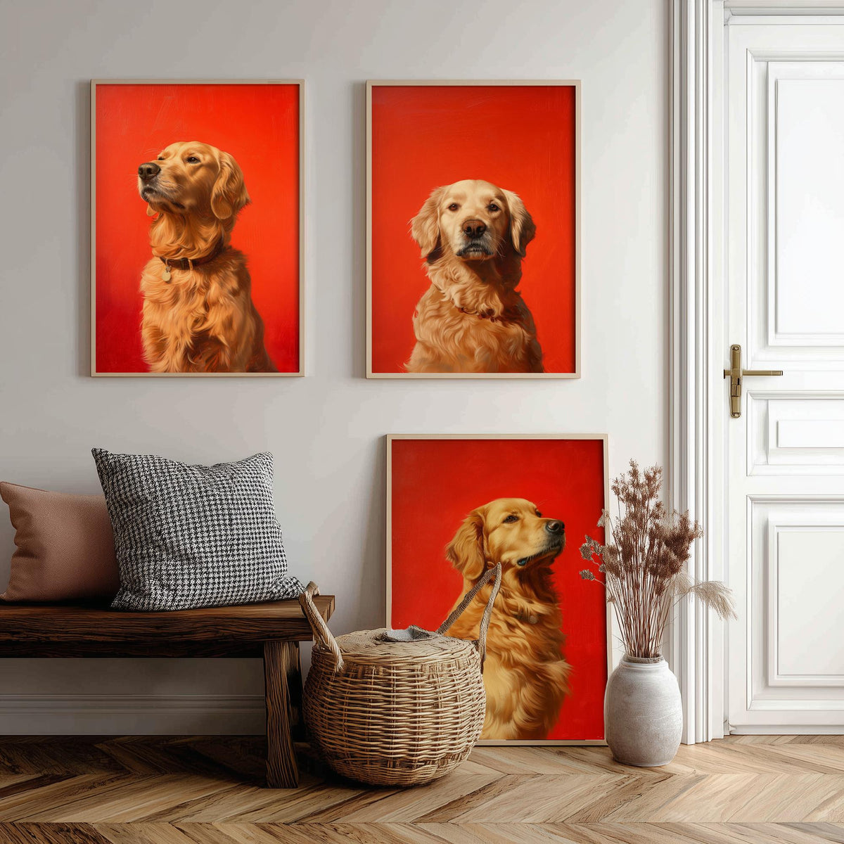 Golden Retriever Set of Three Art Prints - 3 Dog Portrait Posters - Bold Red Painting Wall Art Gift Pet Lover Animal Home Decor