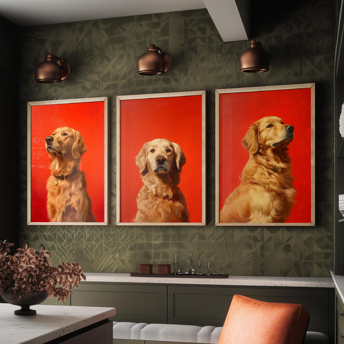 Golden Retriever Set of Three Art Prints - 3 Dog Portrait Posters - Bold Red Painting Wall Art Gift Pet Lover Animal Home Decor