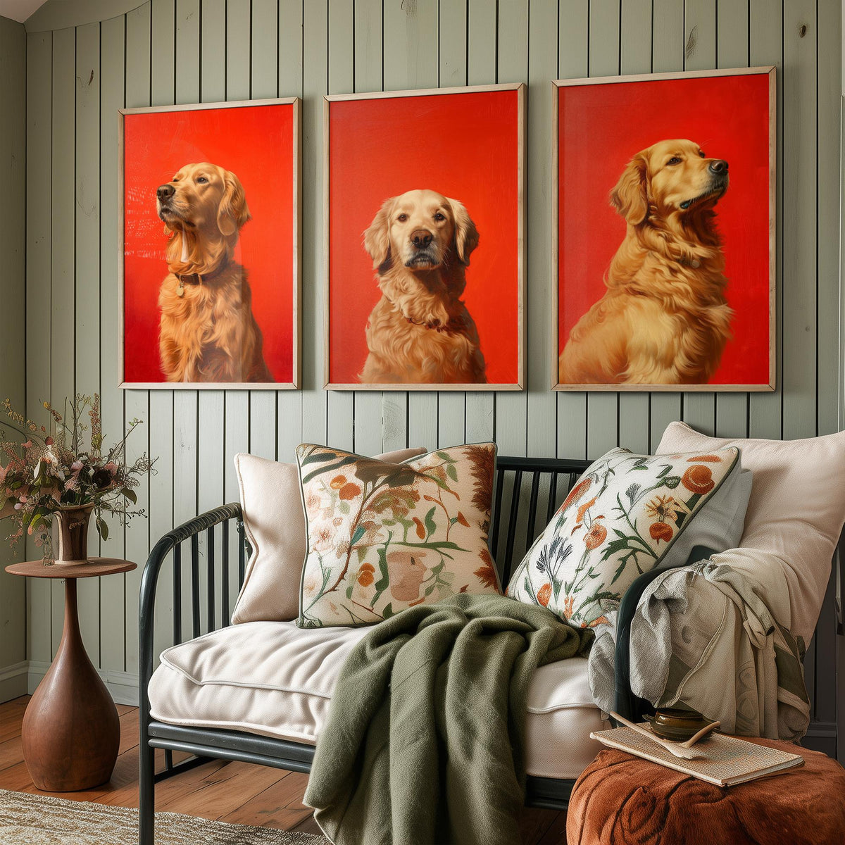 Golden Retriever Set of Three Art Prints - 3 Dog Portrait Posters - Bold Red Painting Wall Art Gift Pet Lover Animal Home Decor