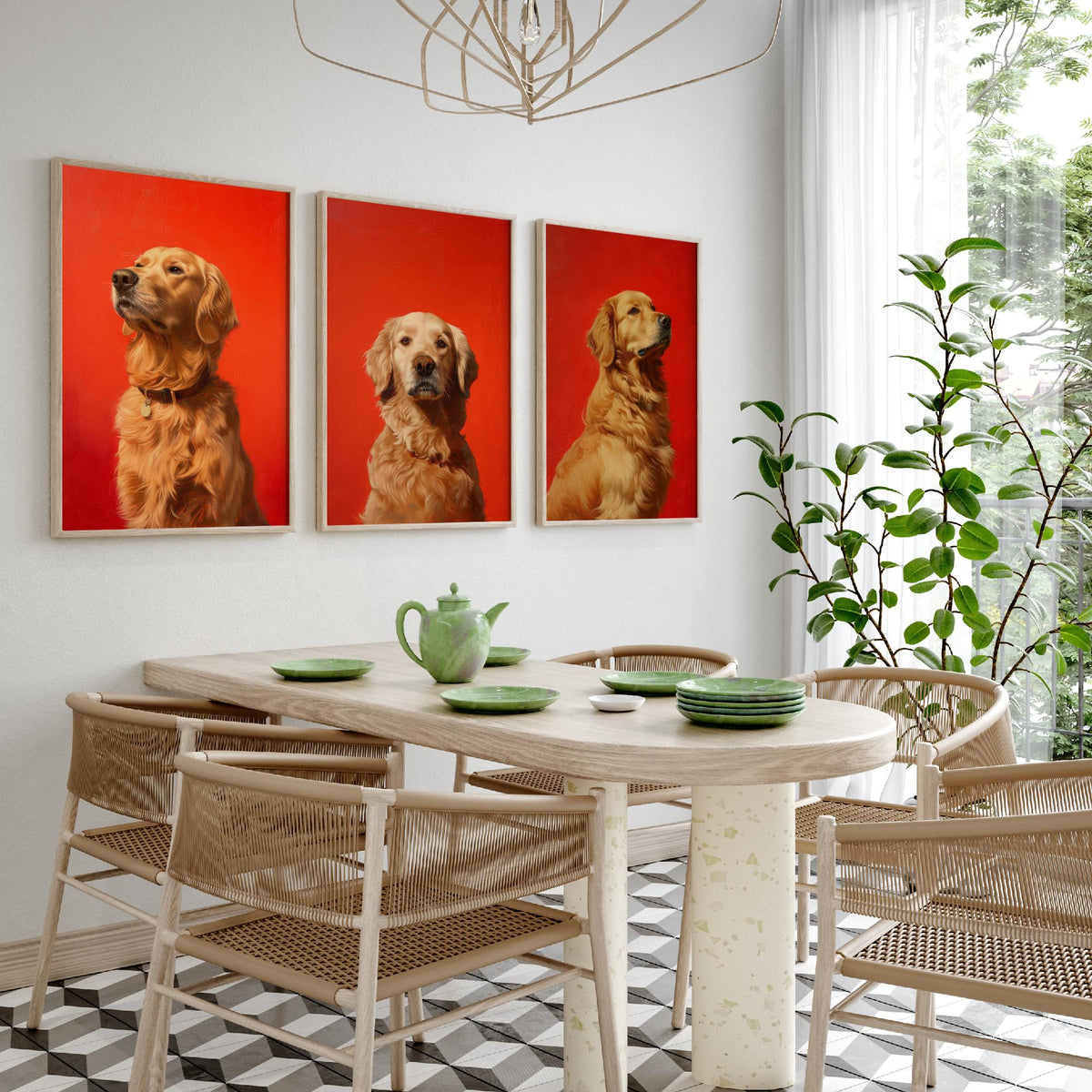 Golden Retriever Set of Three Art Prints - 3 Dog Portrait Posters - Bold Red Painting Wall Art Gift Pet Lover Animal Home Decor