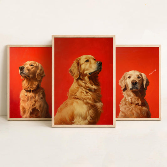 Golden Retriever Set of Three Art Prints - 3 Dog Portrait Posters - Bold Red Painting Wall Art Gift Pet Lover Animal Home Decor