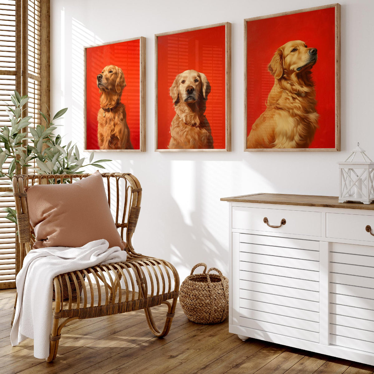 Golden Retriever Set of Three Art Prints - 3 Dog Portrait Posters - Bold Red Painting Wall Art Gift Pet Lover Animal Home Decor