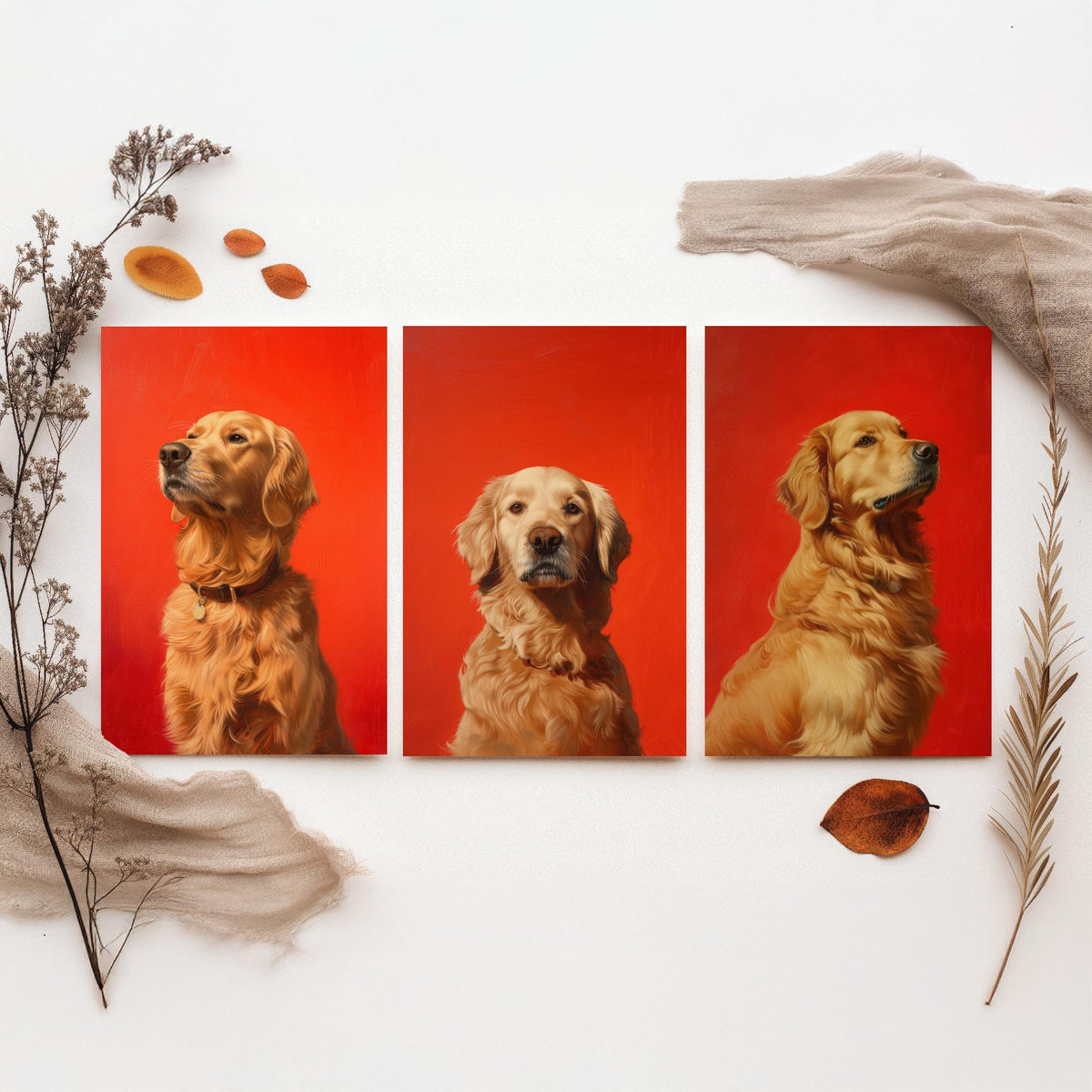 Golden Retriever Set of Three Art Prints - 3 Dog Portrait Posters - Bold Red Painting Wall Art Gift Pet Lover Animal Home Decor