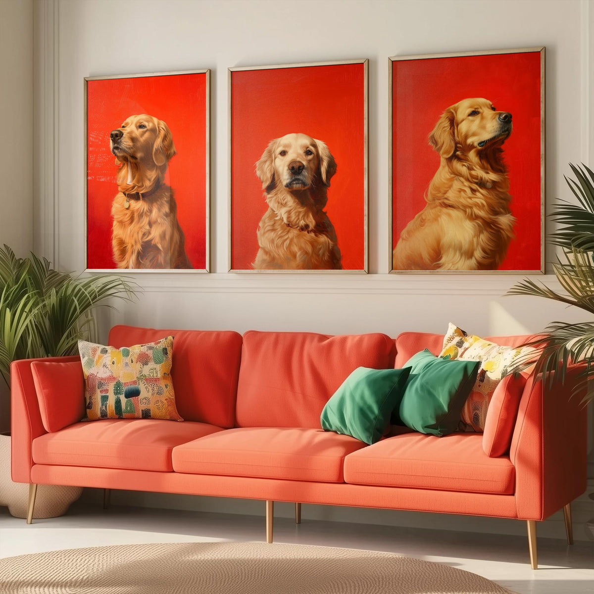 Golden Retriever Set of Three Art Prints - 3 Dog Portrait Posters - Bold Red Painting Wall Art Gift Pet Lover Animal Home Decor