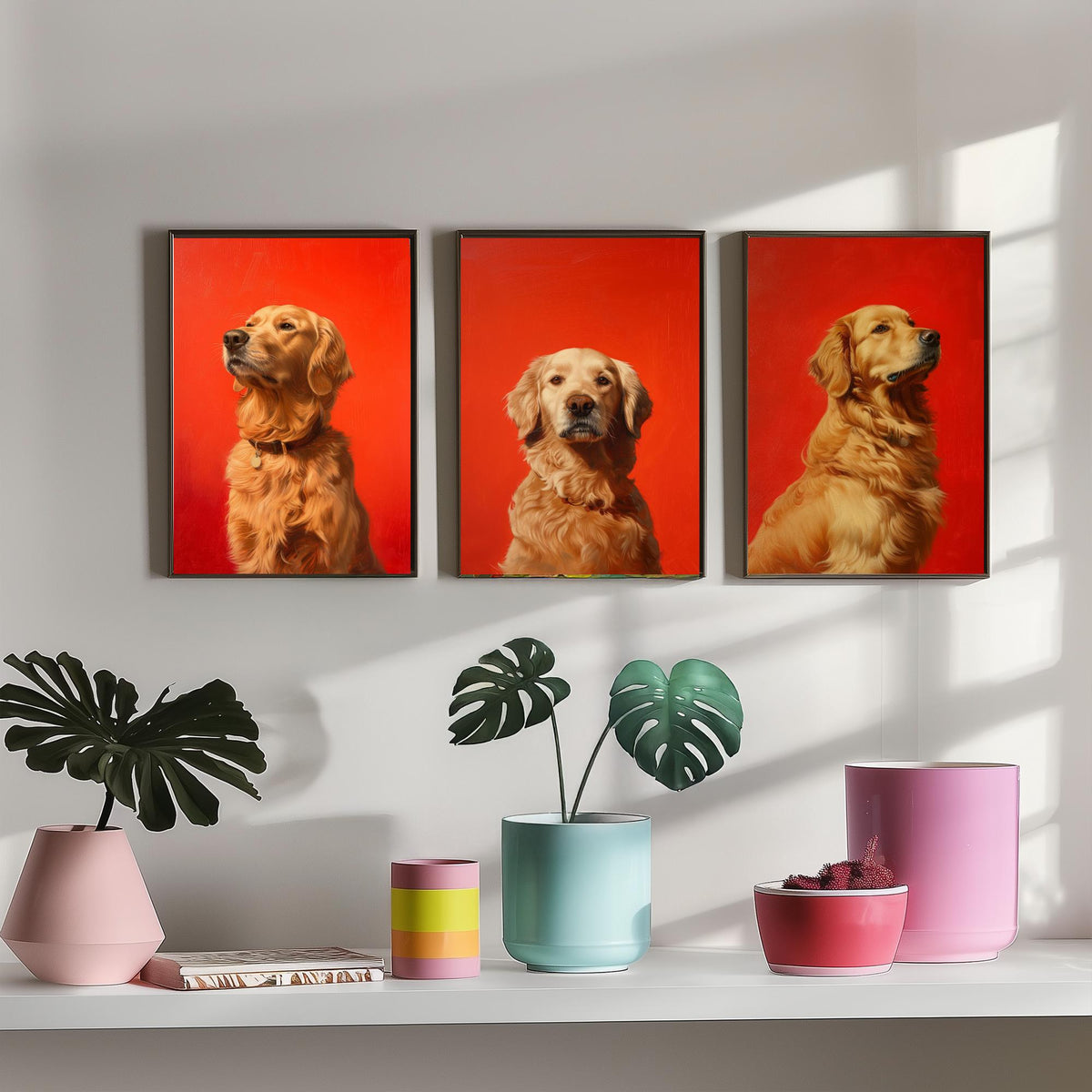 Golden Retriever Set of Three Art Prints - 3 Dog Portrait Posters - Bold Red Painting Wall Art Gift Pet Lover Animal Home Decor