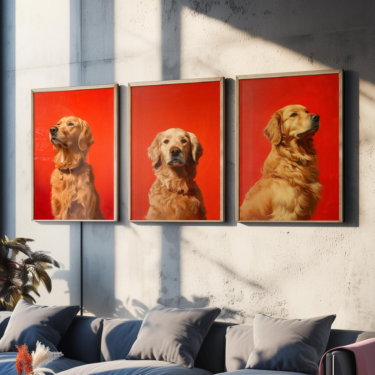 Golden Retriever Set of Three Art Prints - 3 Dog Portrait Posters - Bold Red Painting Wall Art Gift Pet Lover Animal Home Decor