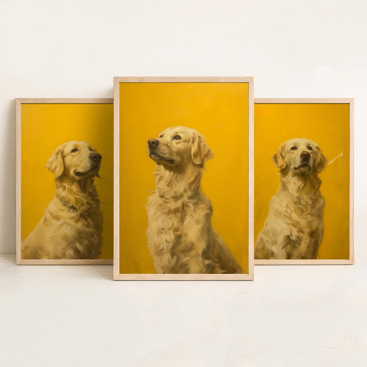 Golden Retriever Set of Three Art Prints - 3 Dog Portrait Posters - Bright Yellow Painting Wall Art Gift Pet Lover Animal V1