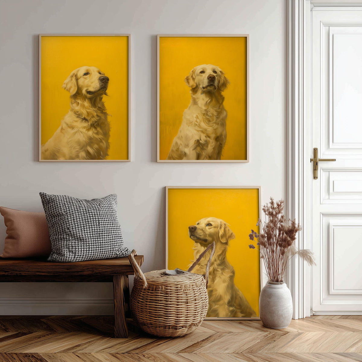 Golden Retriever Set of Three Art Prints - 3 Dog Portrait Posters - Bright Yellow Painting Wall Art Gift Pet Lover Animal V1