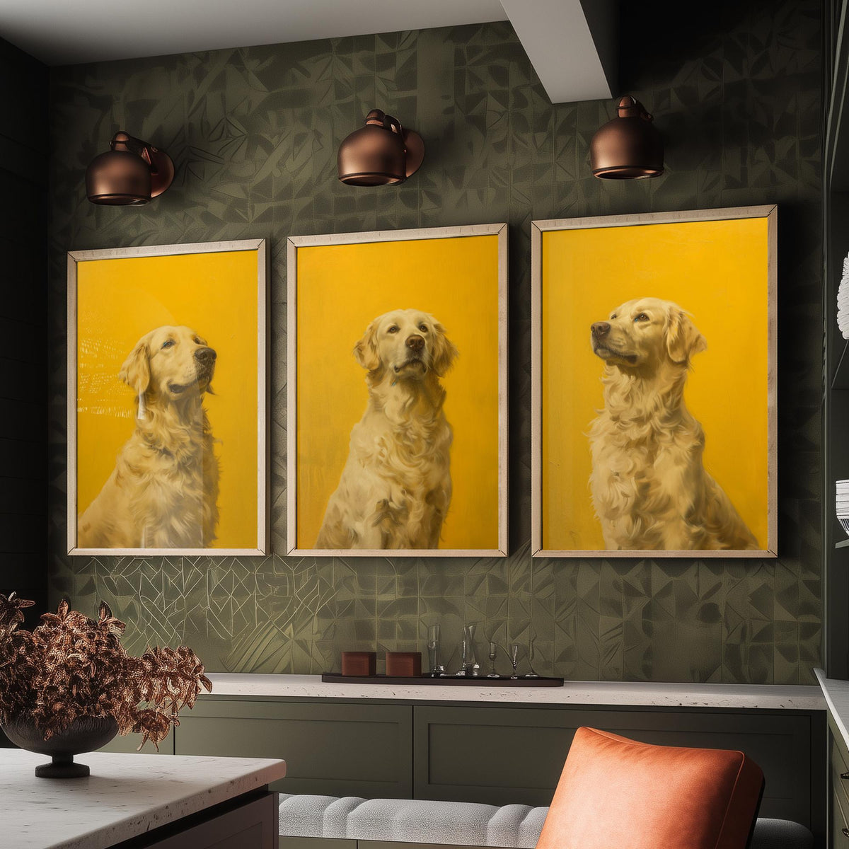 Golden Retriever Set of Three Art Prints - 3 Dog Portrait Posters - Bright Yellow Painting Wall Art Gift Pet Lover Animal V1