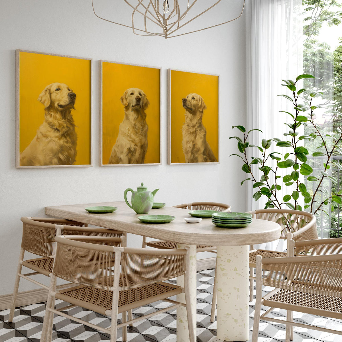 Golden Retriever Set of Three Art Prints - 3 Dog Portrait Posters - Bright Yellow Painting Wall Art Gift Pet Lover Animal V1