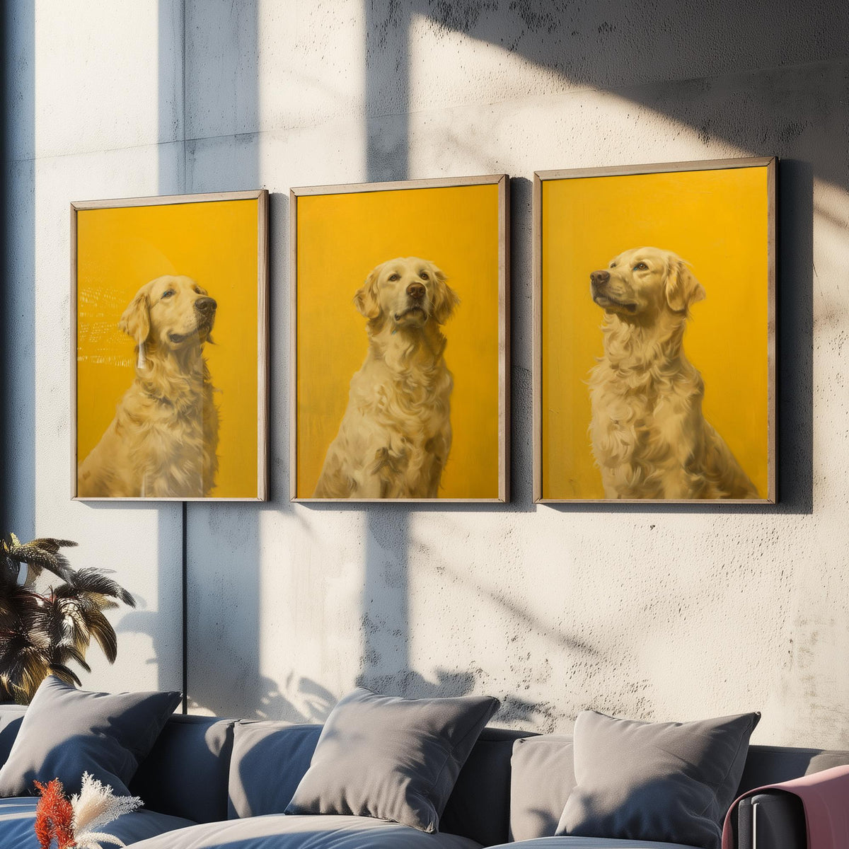 Golden Retriever Set of Three Art Prints - 3 Dog Portrait Posters - Bright Yellow Painting Wall Art Gift Pet Lover Animal V1