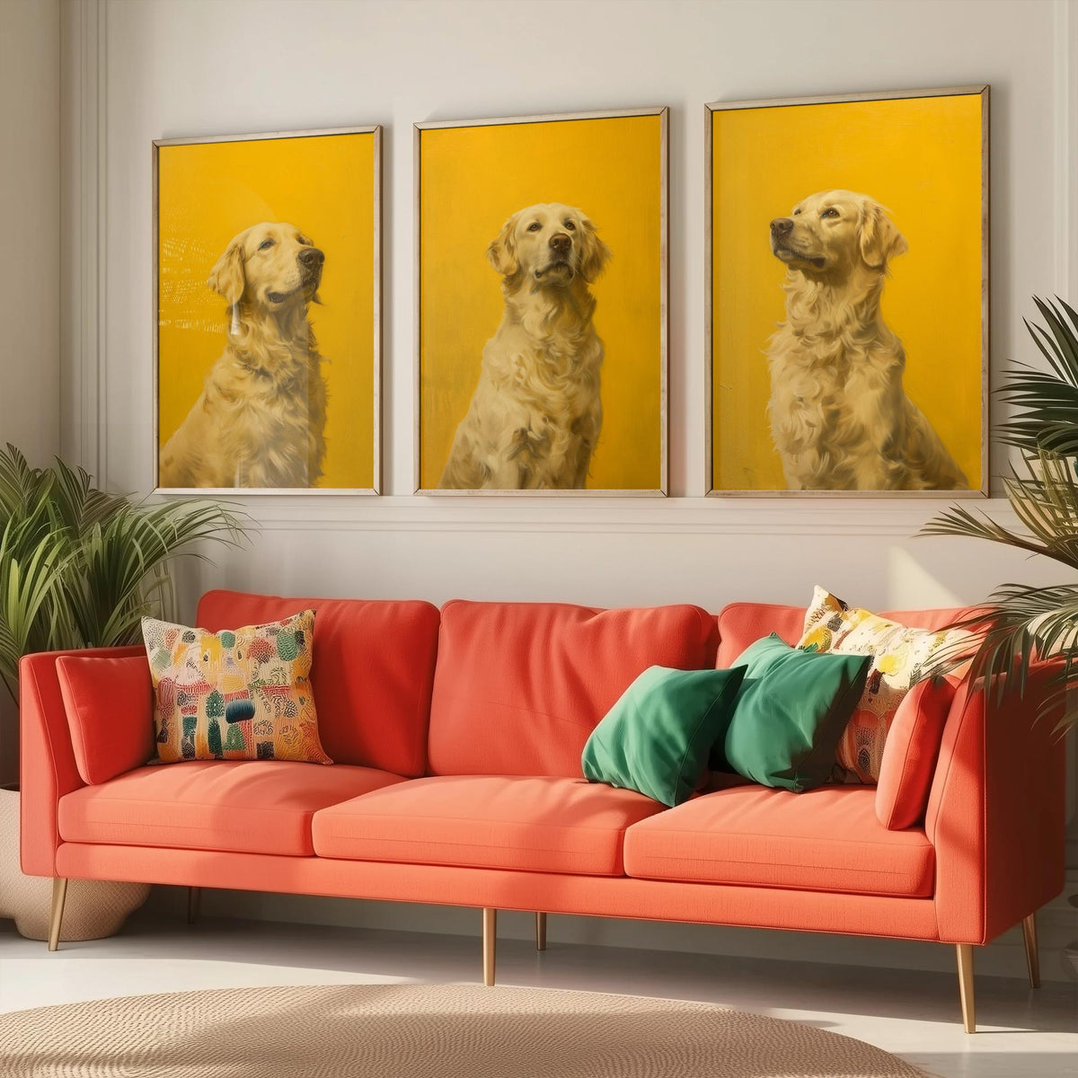 Golden Retriever Set of Three Art Prints - 3 Dog Portrait Posters - Bright Yellow Painting Wall Art Gift Pet Lover Animal V1