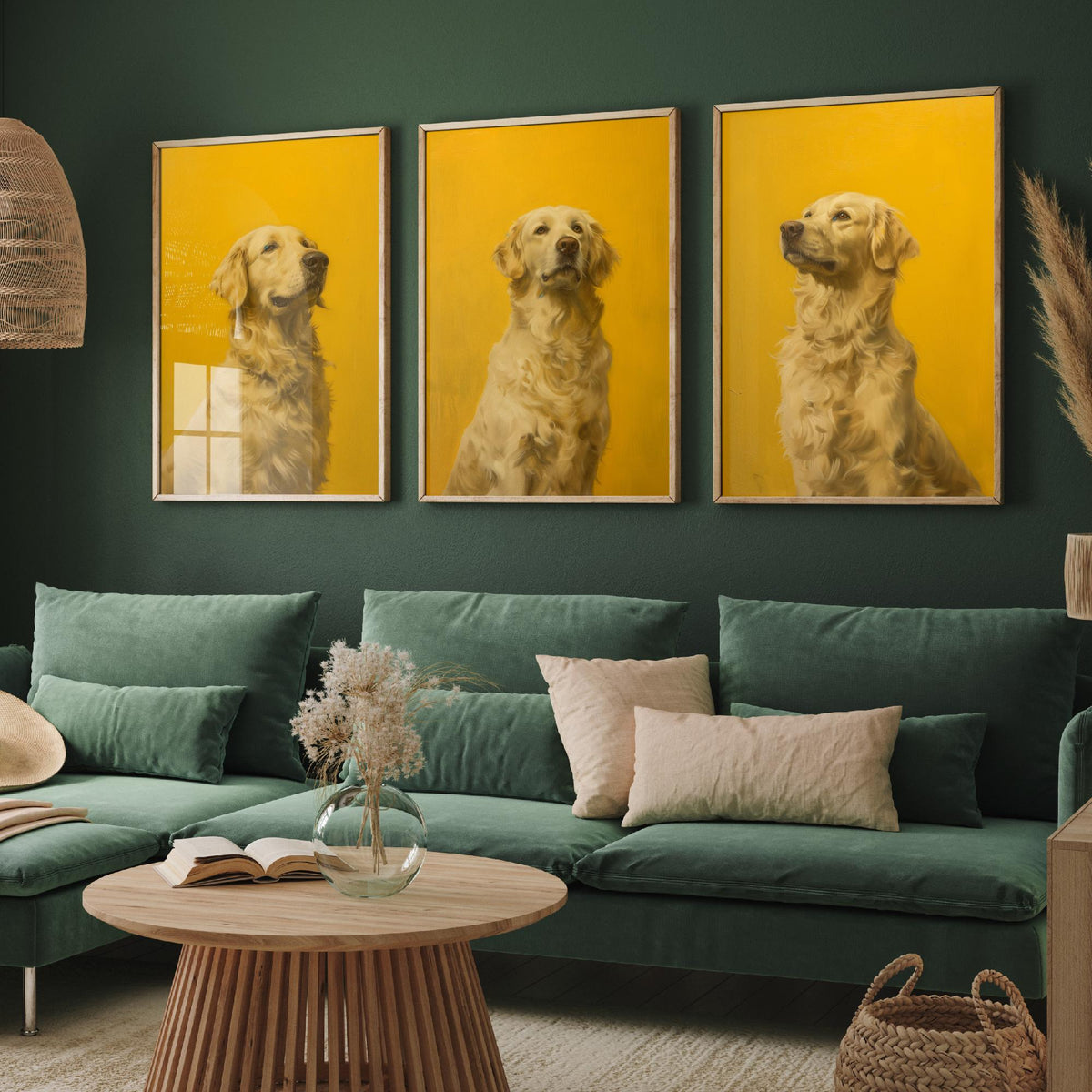 Golden Retriever Set of Three Art Prints - 3 Dog Portrait Posters - Bright Yellow Painting Wall Art Gift Pet Lover Animal V1