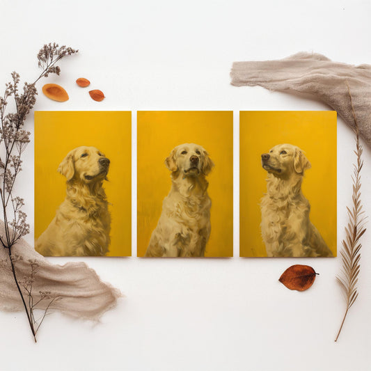 Golden Retriever Set of Three Art Prints - 3 Dog Portrait Posters - Bright Yellow Painting Wall Art Gift Pet Lover Animal V1