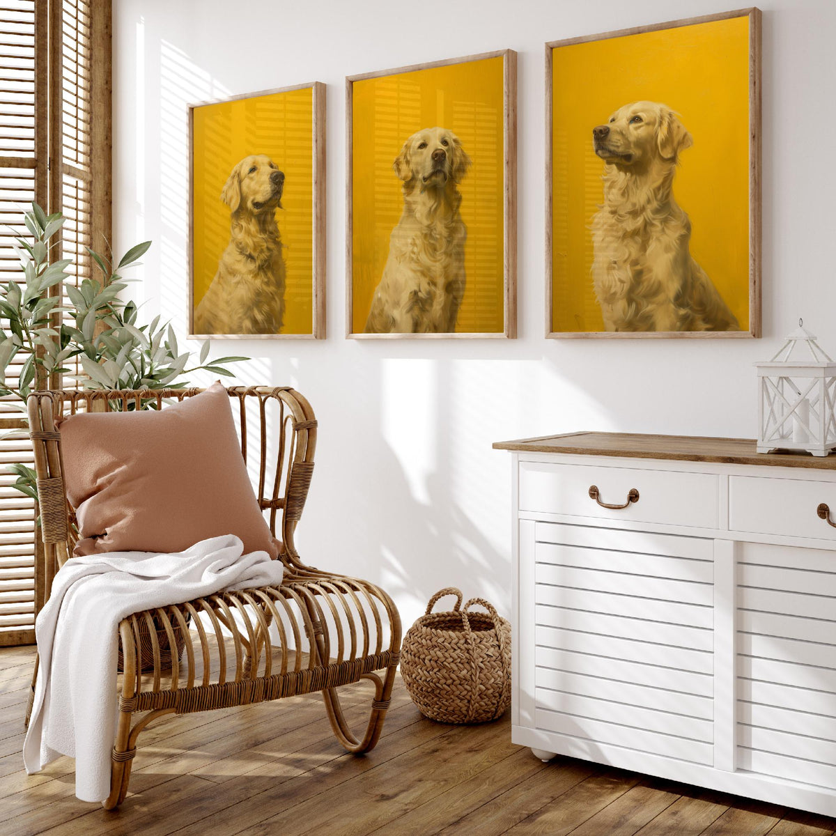 Golden Retriever Set of Three Art Prints - 3 Dog Portrait Posters - Bright Yellow Painting Wall Art Gift Pet Lover Animal V1