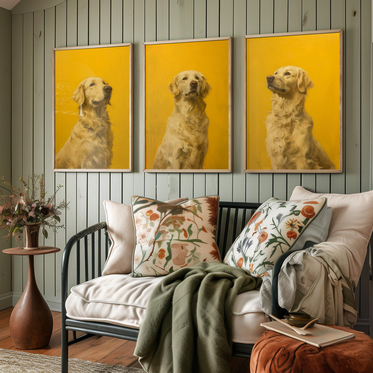 Golden Retriever Set of Three Art Prints - 3 Dog Portrait Posters - Bright Yellow Painting Wall Art Gift Pet Lover Animal V1