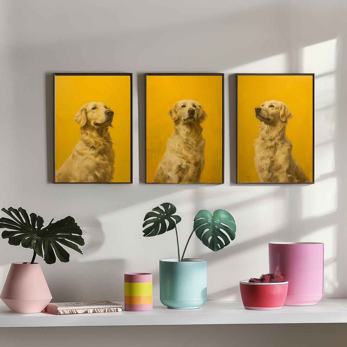 Golden Retriever Set of Three Art Prints - 3 Dog Portrait Posters - Bright Yellow Painting Wall Art Gift Pet Lover Animal V1