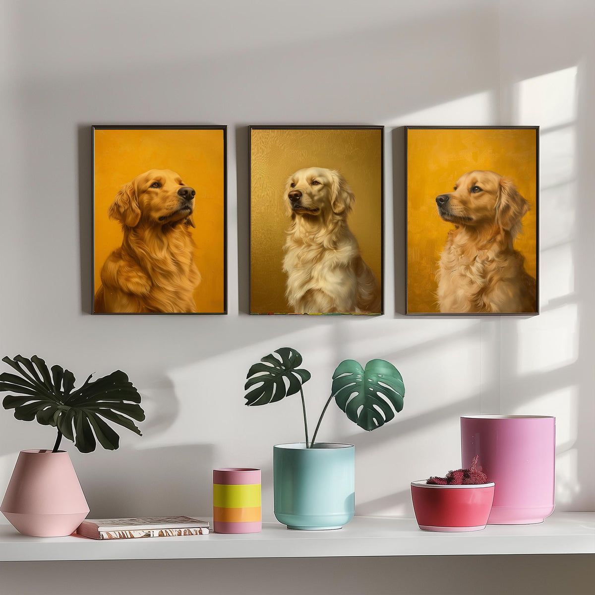 Golden Retriever Set of Three Art Prints - 3 Dog Portrait Posters - Golden Yellow Oil Painting Wall Art Gift Pet Lover Dog V2