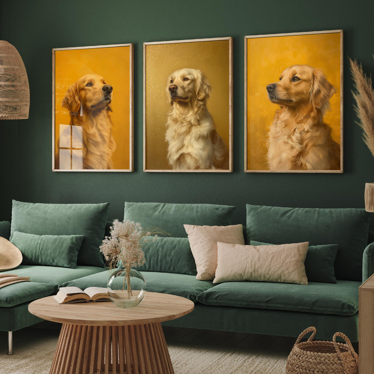 Golden Retriever Set of Three Art Prints - 3 Dog Portrait Posters - Golden Yellow Oil Painting Wall Art Gift Pet Lover Dog V2