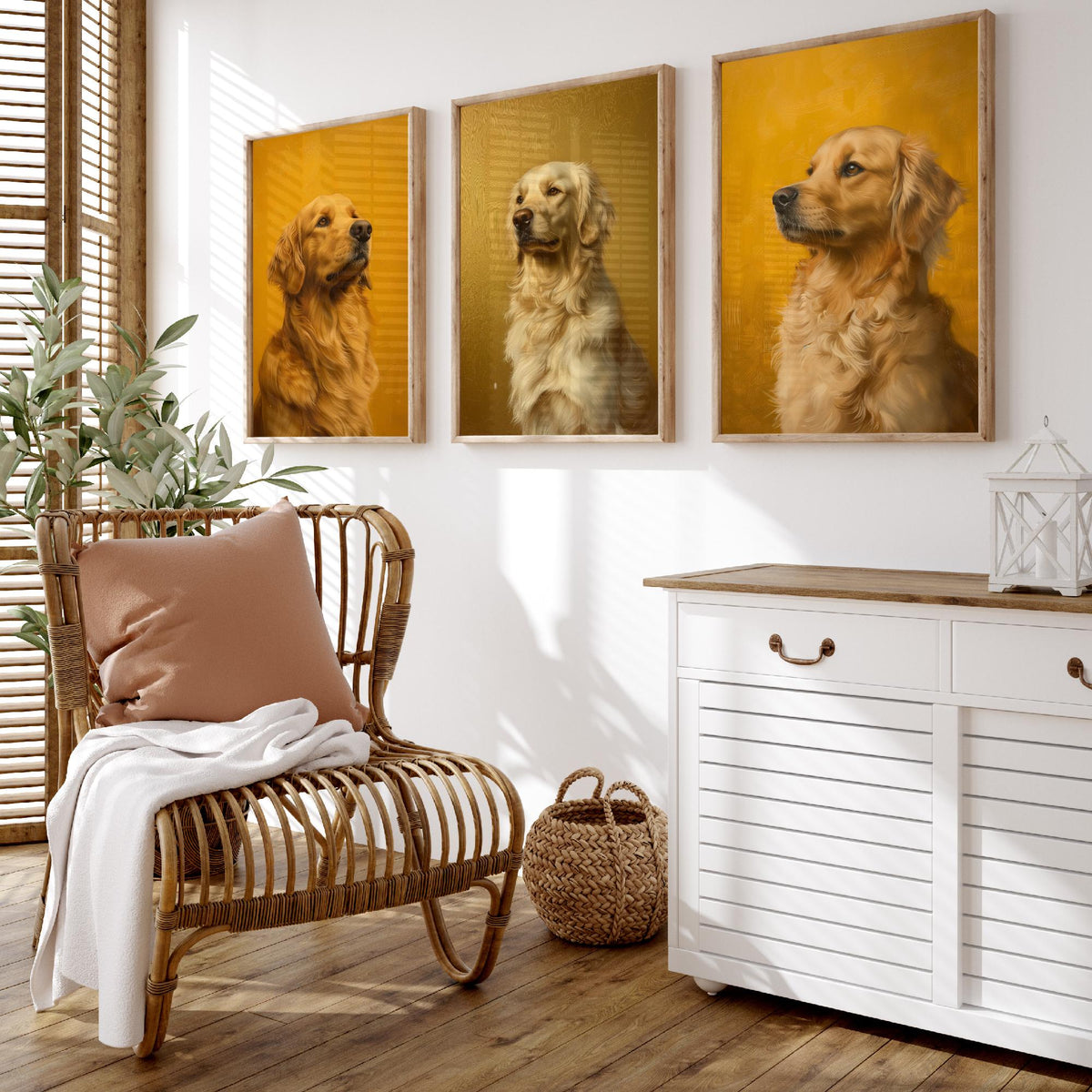 Golden Retriever Set of Three Art Prints - 3 Dog Portrait Posters - Golden Yellow Oil Painting Wall Art Gift Pet Lover Dog V2