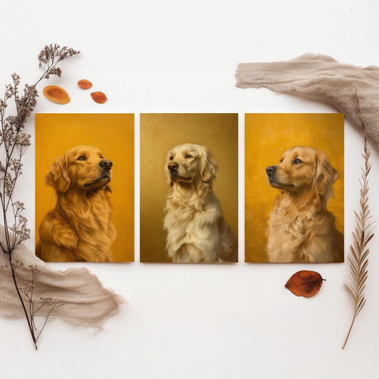 Golden Retriever Set of Three Art Prints - 3 Dog Portrait Posters - Golden Yellow Oil Painting Wall Art Gift Pet Lover Dog V2