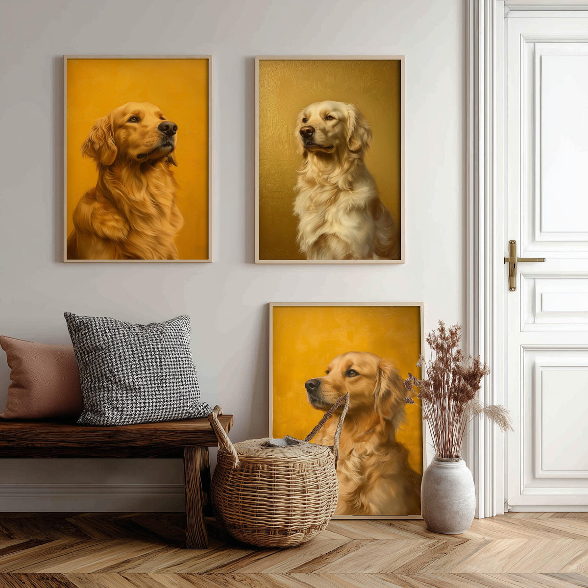 Golden Retriever Set of Three Art Prints - 3 Dog Portrait Posters - Golden Yellow Oil Painting Wall Art Gift Pet Lover Dog V2