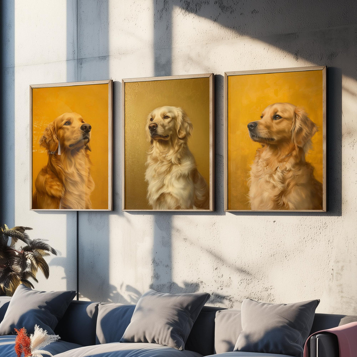 Golden Retriever Set of Three Art Prints - 3 Dog Portrait Posters - Golden Yellow Oil Painting Wall Art Gift Pet Lover Dog V2