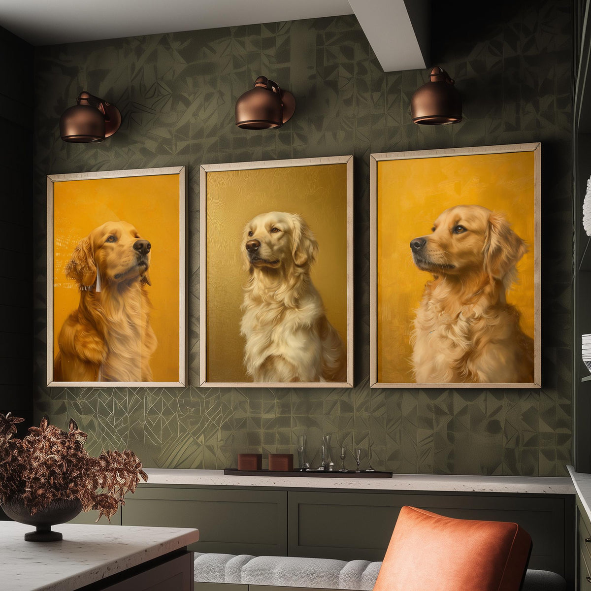 Golden Retriever Set of Three Art Prints - 3 Dog Portrait Posters - Golden Yellow Oil Painting Wall Art Gift Pet Lover Dog V2