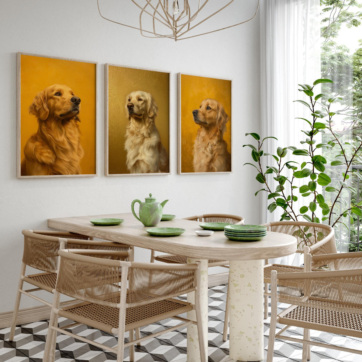 Golden Retriever Set of Three Art Prints - 3 Dog Portrait Posters - Golden Yellow Oil Painting Wall Art Gift Pet Lover Dog V2