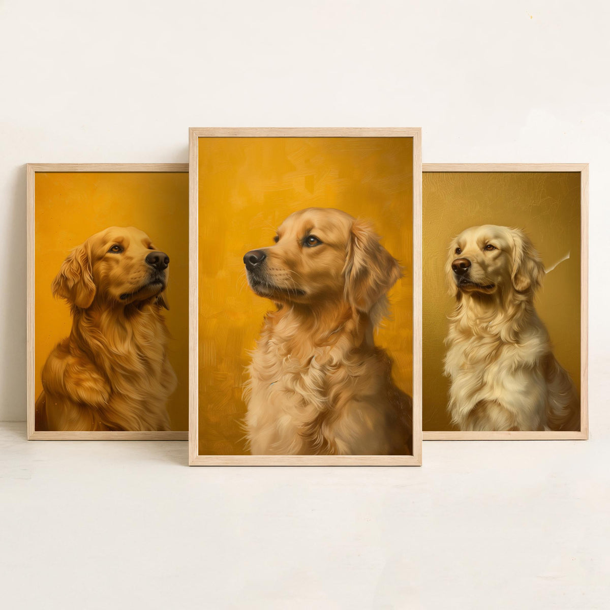 Golden Retriever Set of Three Art Prints - 3 Dog Portrait Posters - Golden Yellow Oil Painting Wall Art Gift Pet Lover Dog V2