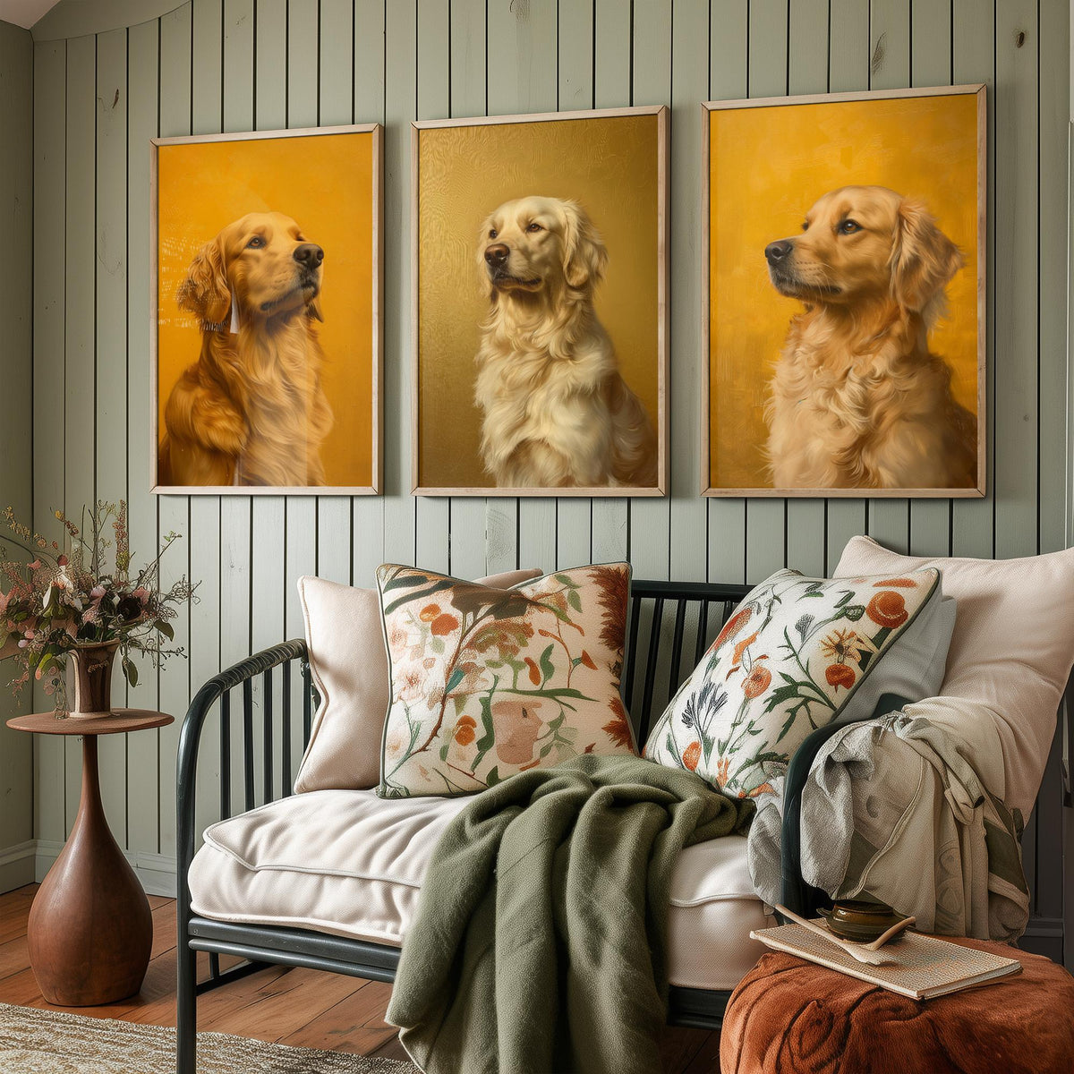 Golden Retriever Set of Three Art Prints - 3 Dog Portrait Posters - Golden Yellow Oil Painting Wall Art Gift Pet Lover Dog V2