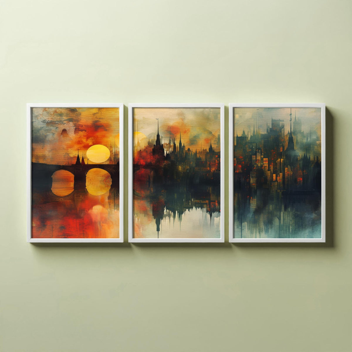 London Set of Three Art Prints - 3 Golden River Skyline Posters - Sunset Cityscape Painting Wall Art Gift Thames Bridge Decor
