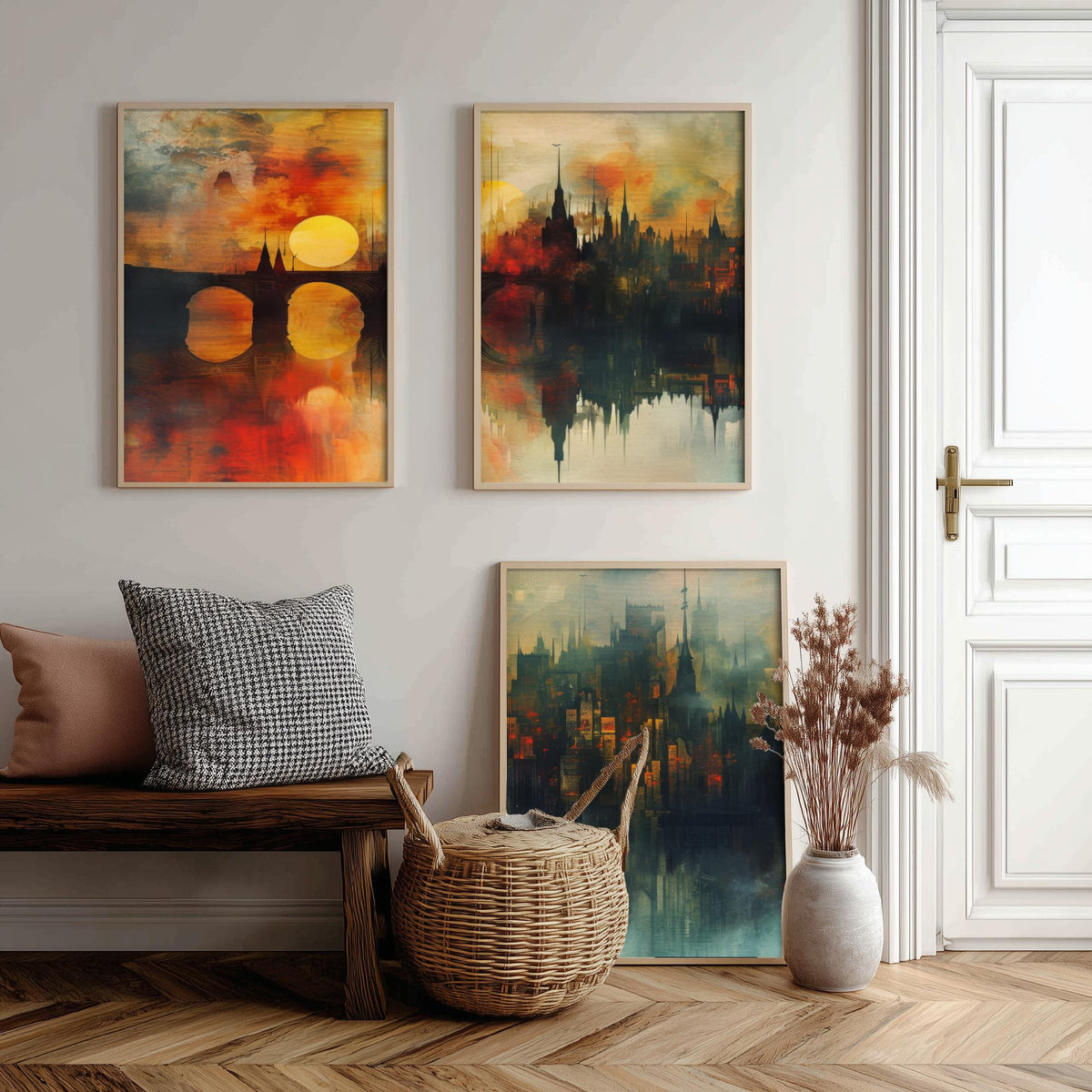 London Set of Three Art Prints - 3 Golden River Skyline Posters - Sunset Cityscape Painting Wall Art Gift Thames Bridge Decor
