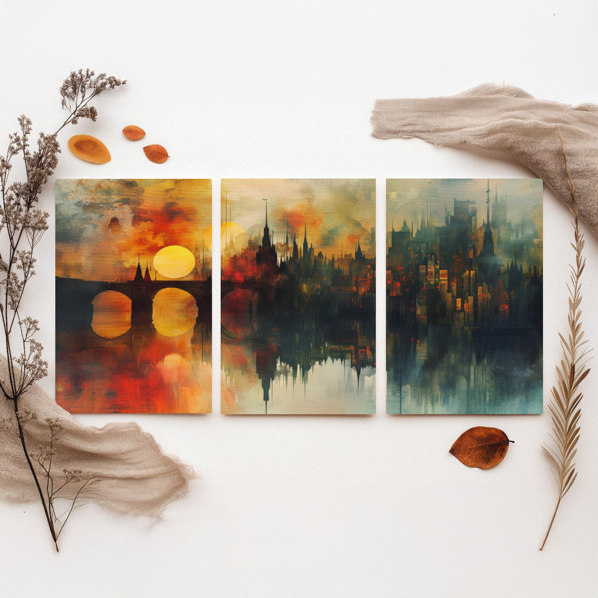 London Set of Three Art Prints - 3 Golden River Skyline Posters - Sunset Cityscape Painting Wall Art Gift Thames Bridge Decor