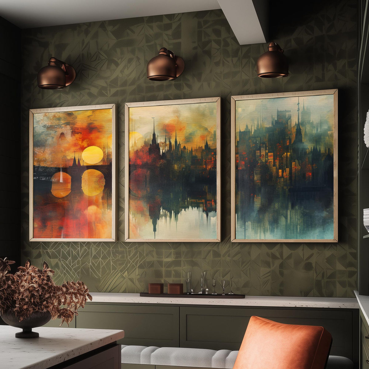 London Set of Three Art Prints - 3 Golden River Skyline Posters - Sunset Cityscape Painting Wall Art Gift Thames Bridge Decor