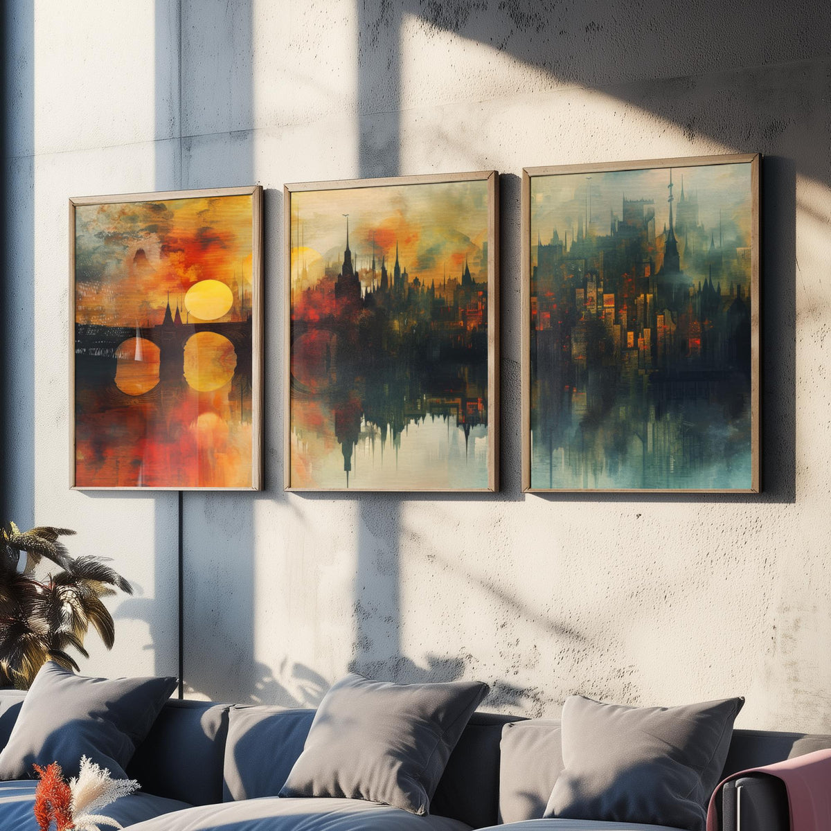 London Set of Three Art Prints - 3 Golden River Skyline Posters - Sunset Cityscape Painting Wall Art Gift Thames Bridge Decor