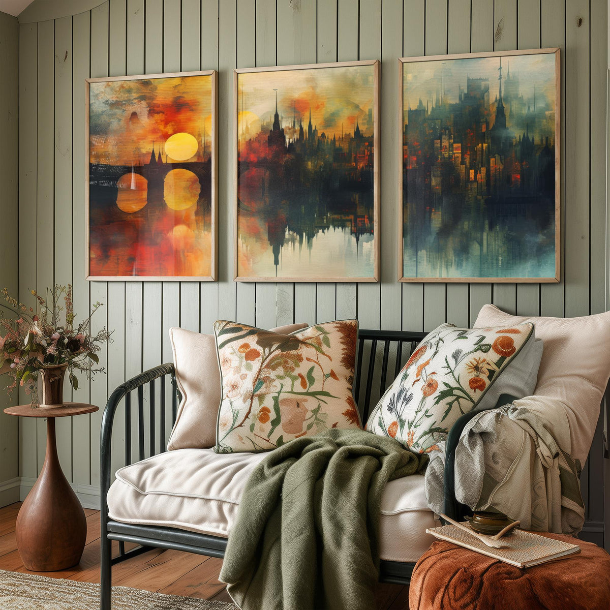 London Set of Three Art Prints - 3 Golden River Skyline Posters - Sunset Cityscape Painting Wall Art Gift Thames Bridge Decor