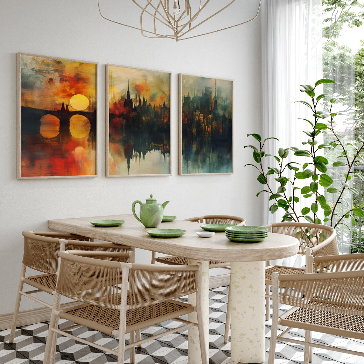 London Set of Three Art Prints - 3 Golden River Skyline Posters - Sunset Cityscape Painting Wall Art Gift Thames Bridge Decor