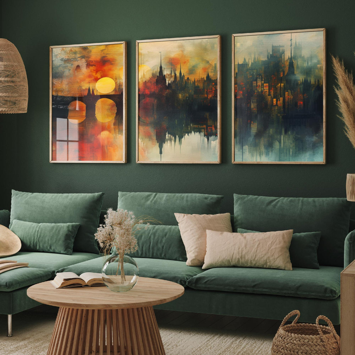 London Set of Three Art Prints - 3 Golden River Skyline Posters - Sunset Cityscape Painting Wall Art Gift Thames Bridge Decor